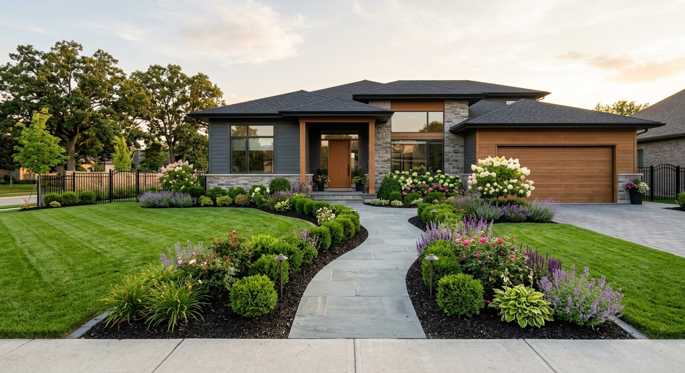 A freshly landscaped garden with a neat lawn, stone pathway, shrubs and a modern home facade