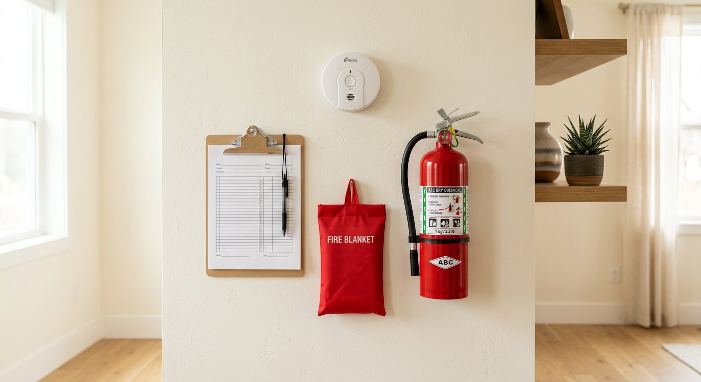 Home fire safety equipment including a smoke detector, extinguisher and inspection checklist