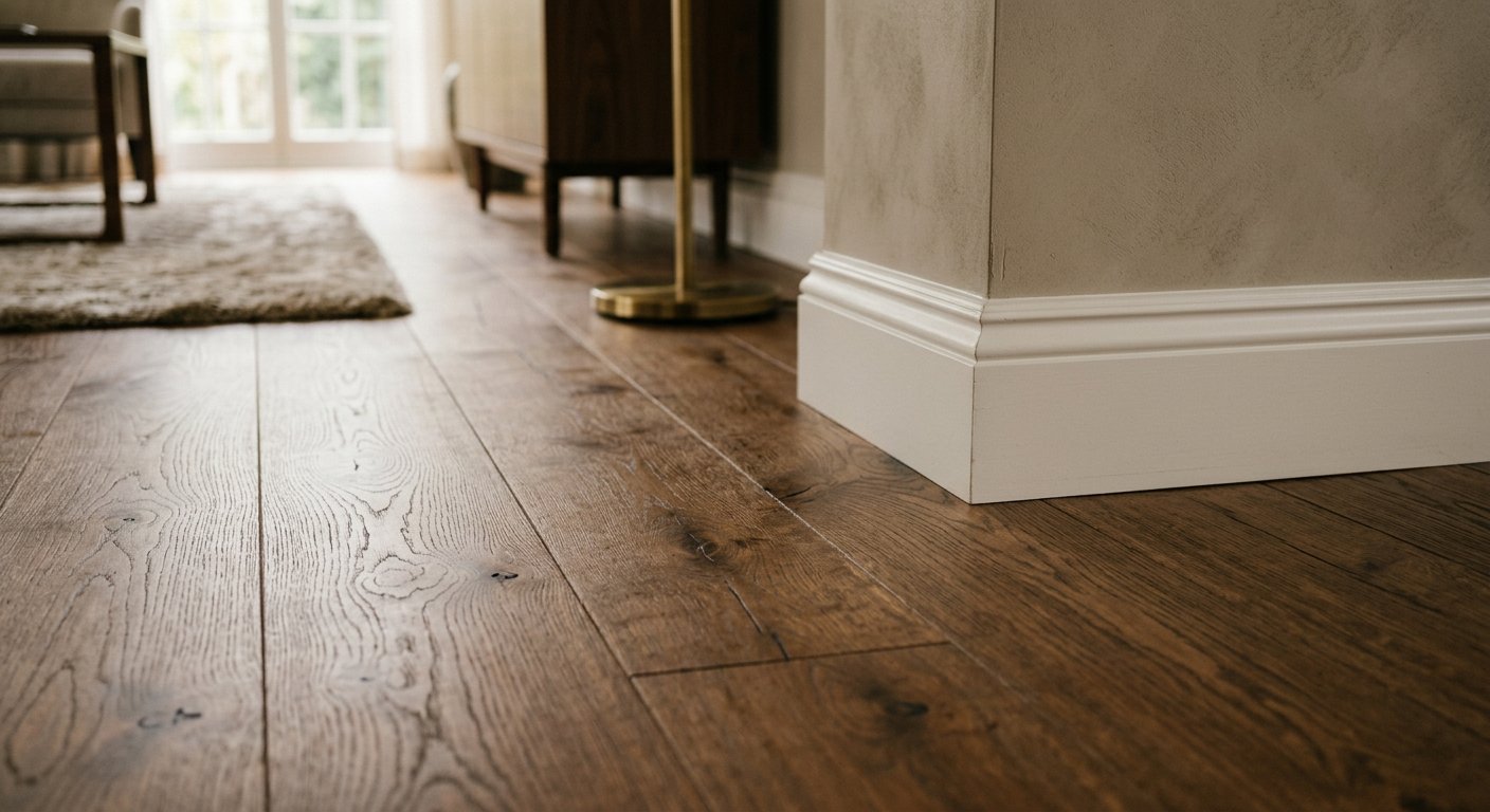 Close-up of premium hardwood flooring with rich grain and a clean baseboard edge