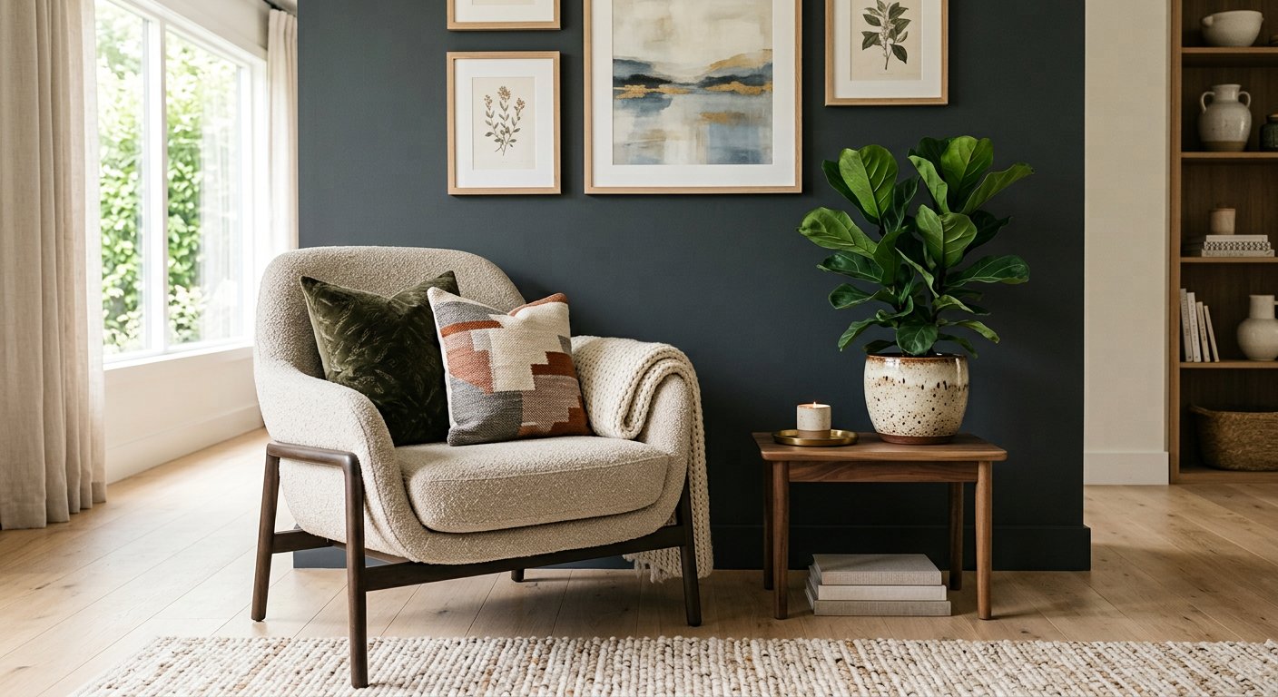 A styled contemporary interior with an accent armchair, cushions, artwork and a potted plant