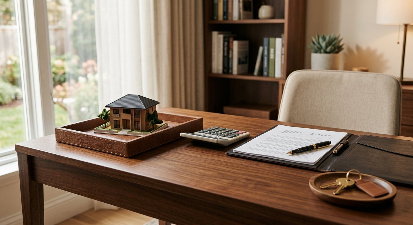 A consultation desk with house keys, a small model home, calculator and documents