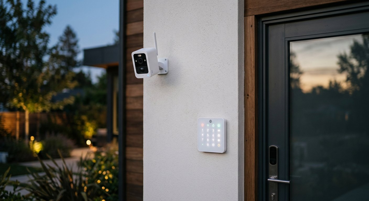 A wall-mounted smart security camera and keypad inside a modern home