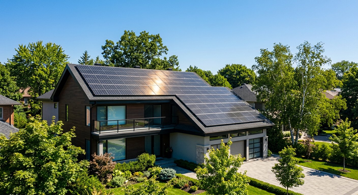 Sleek solar panels installed on the roof of a modern suburban home under a blue sky